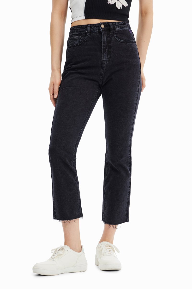 Jean straight cropped taille haute - Noir