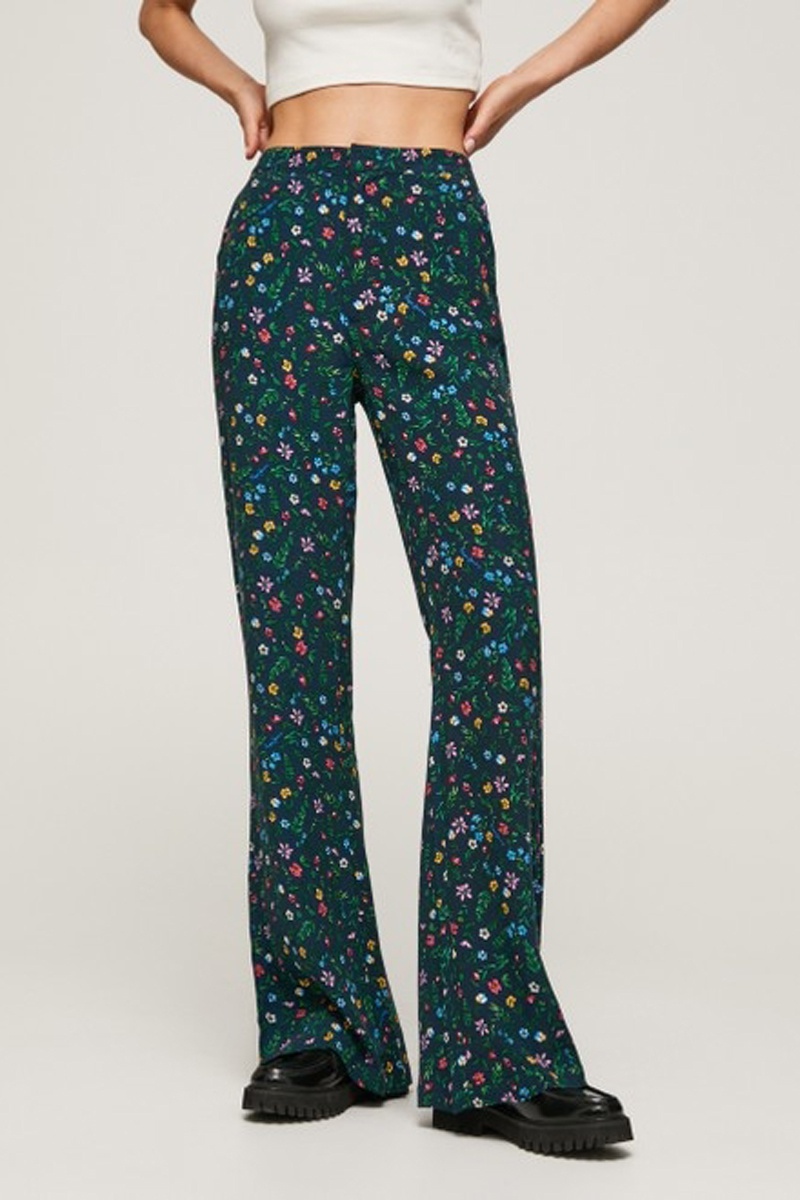 Pantalon flare taille haute Fiorella Bleu nuit et vert