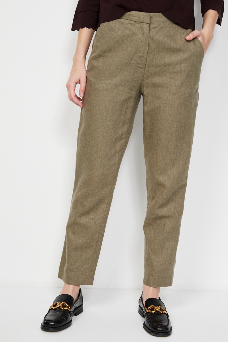 Pantalon droit en lin taille haute - Kaki