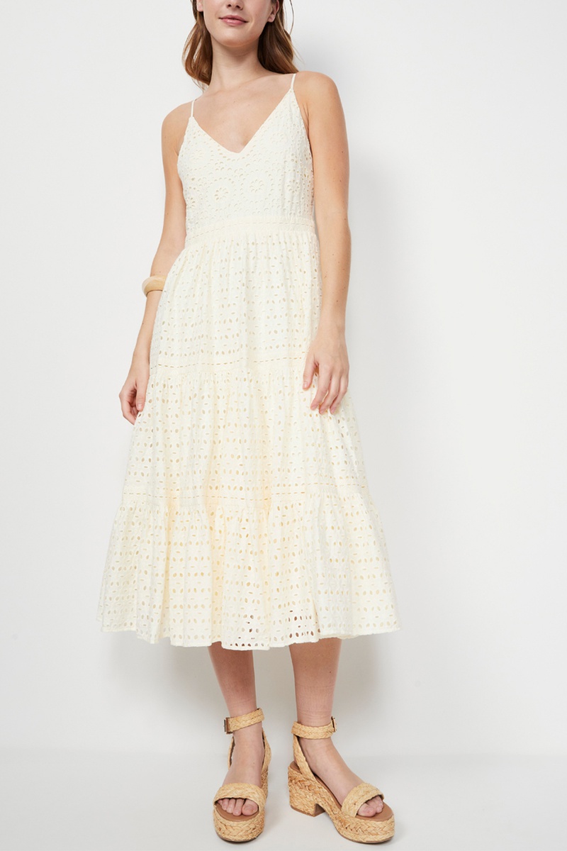 Robe midi en broderie anglaise - Blanc