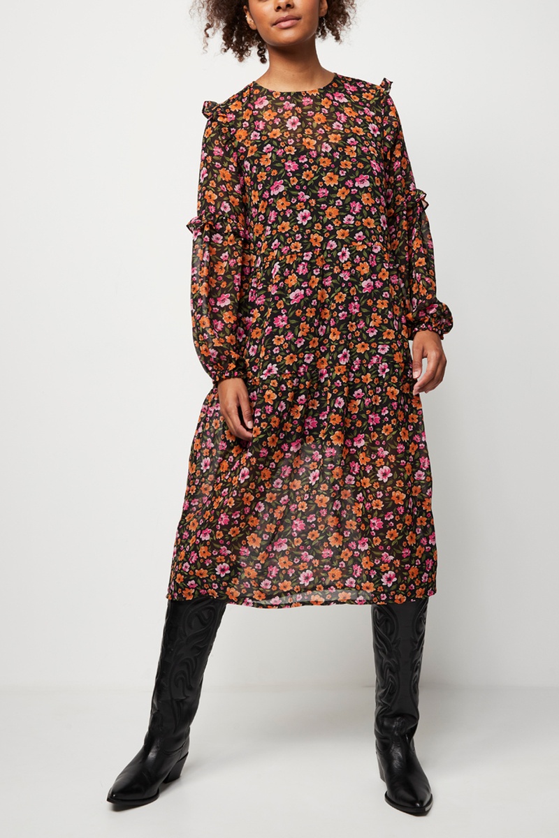 Robe midi - Orange et noir