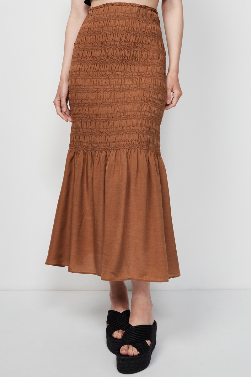 Jupe longue en soie taille haute - Marron