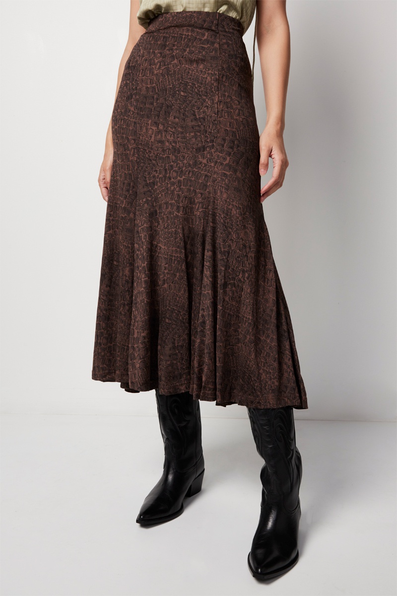 Jupe midi taille haute - Kaki et marron