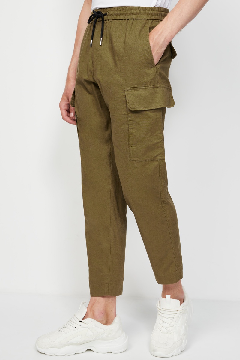 Pantalon cargo 7/8 en lin taille haute - Kaki