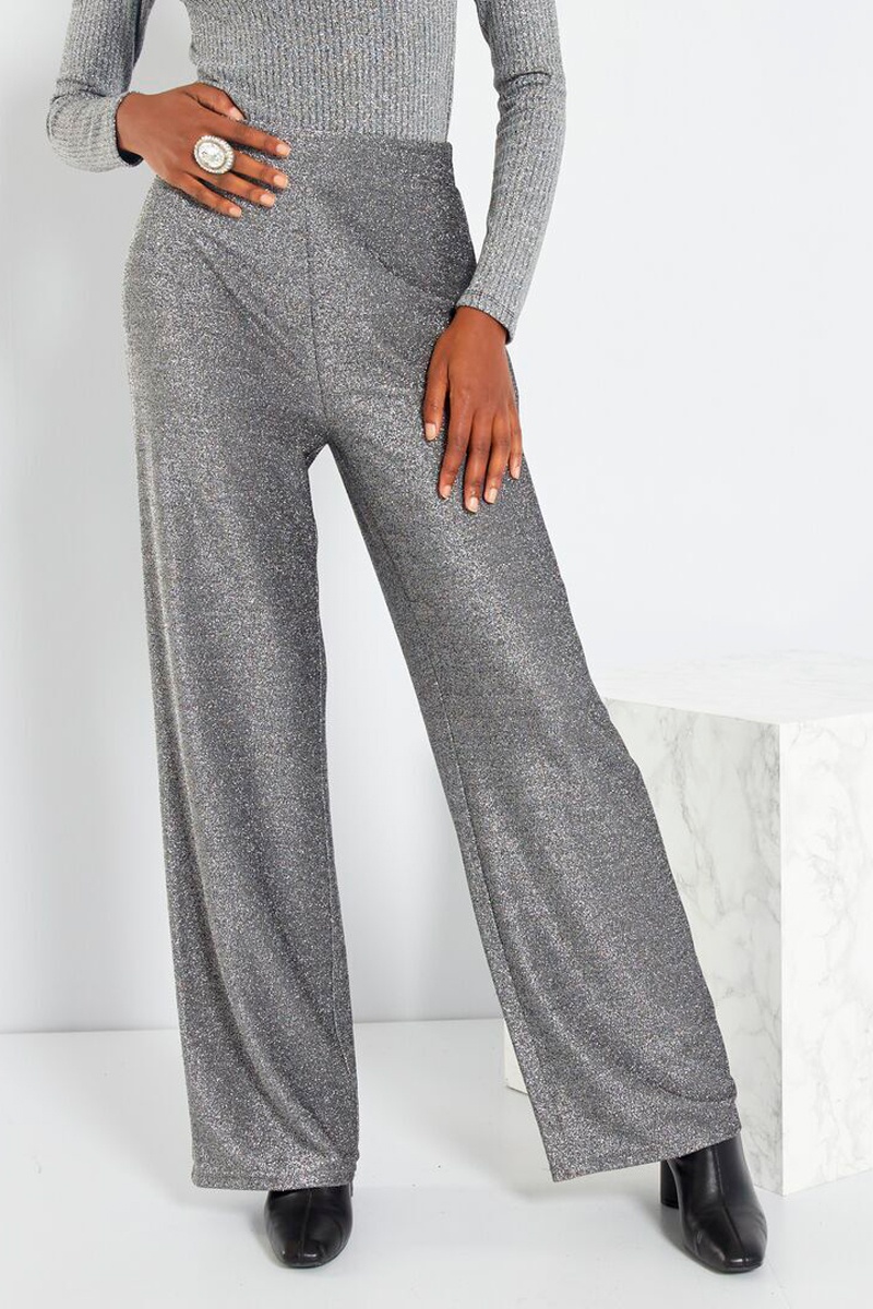 Pantalon wide legs taille haute Argenté
