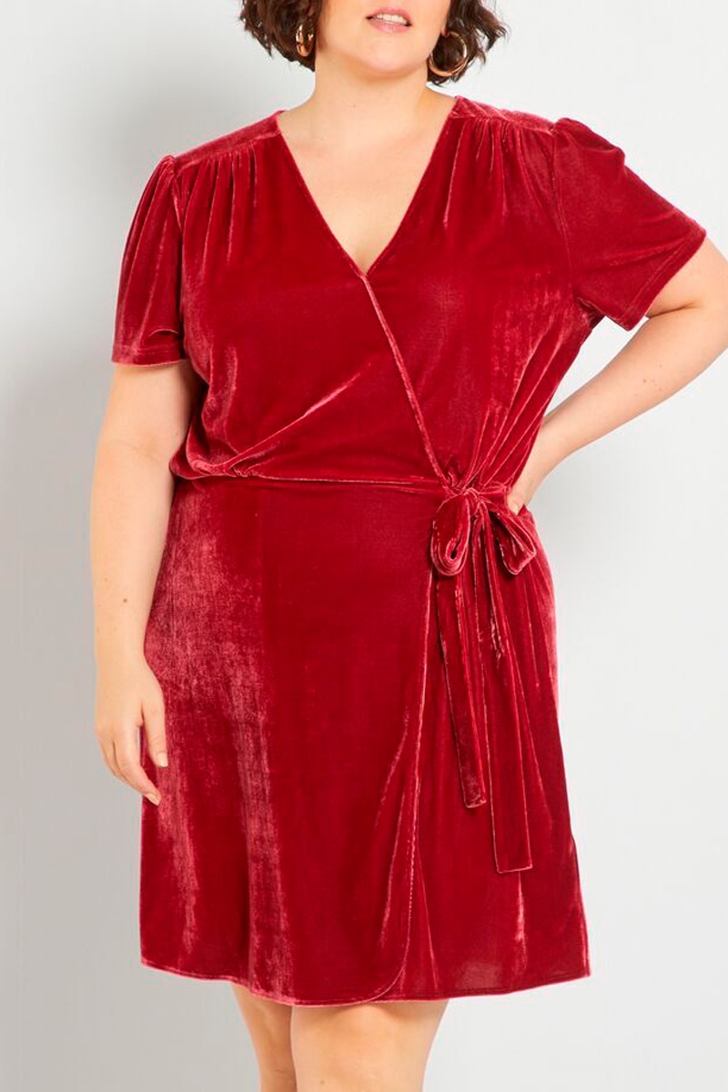 Robe portefeuille en velours Rouge