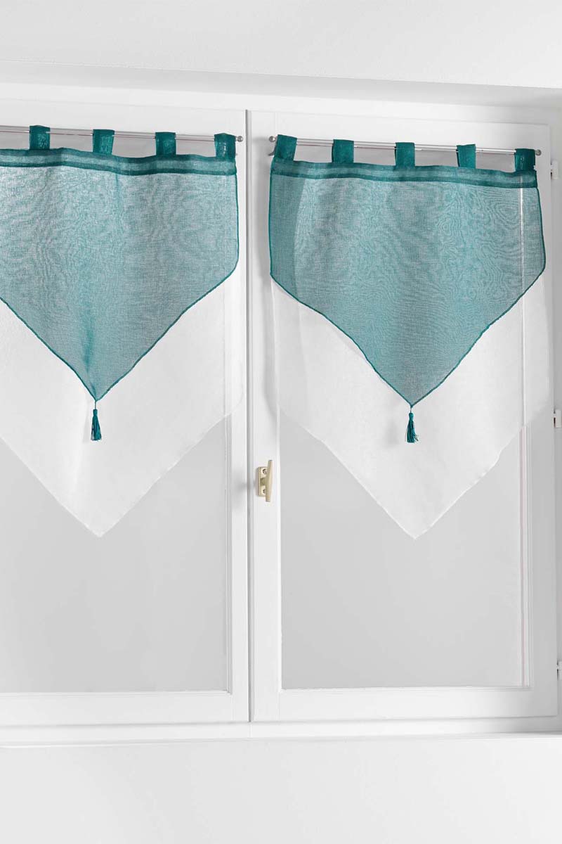 2 voilages Duo Bleu pétrole et blanc - 60 x 160 cm